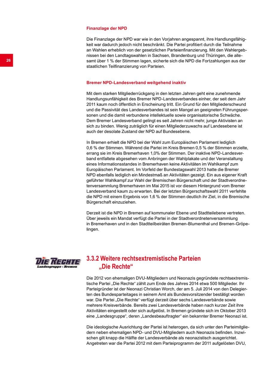 Seite 26 des Verfassungsschutzbericht 2014 Bremen