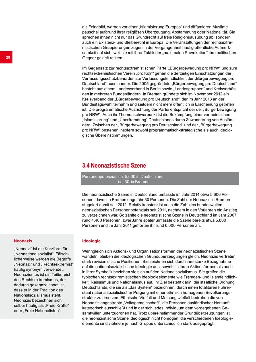 Seite 28 des Verfassungsschutzbericht 2014 Bremen
