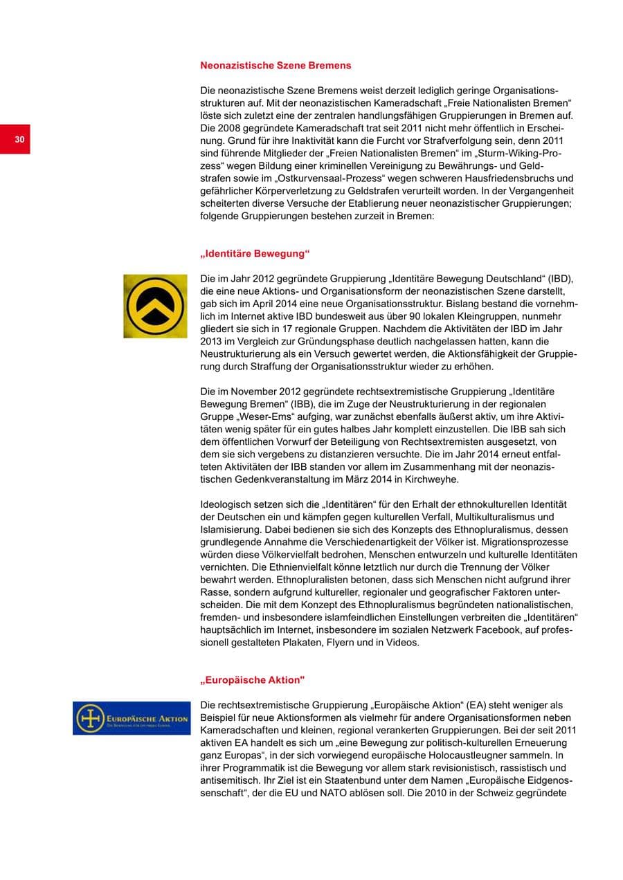 Seite 30 des Verfassungsschutzbericht 2014 Bremen