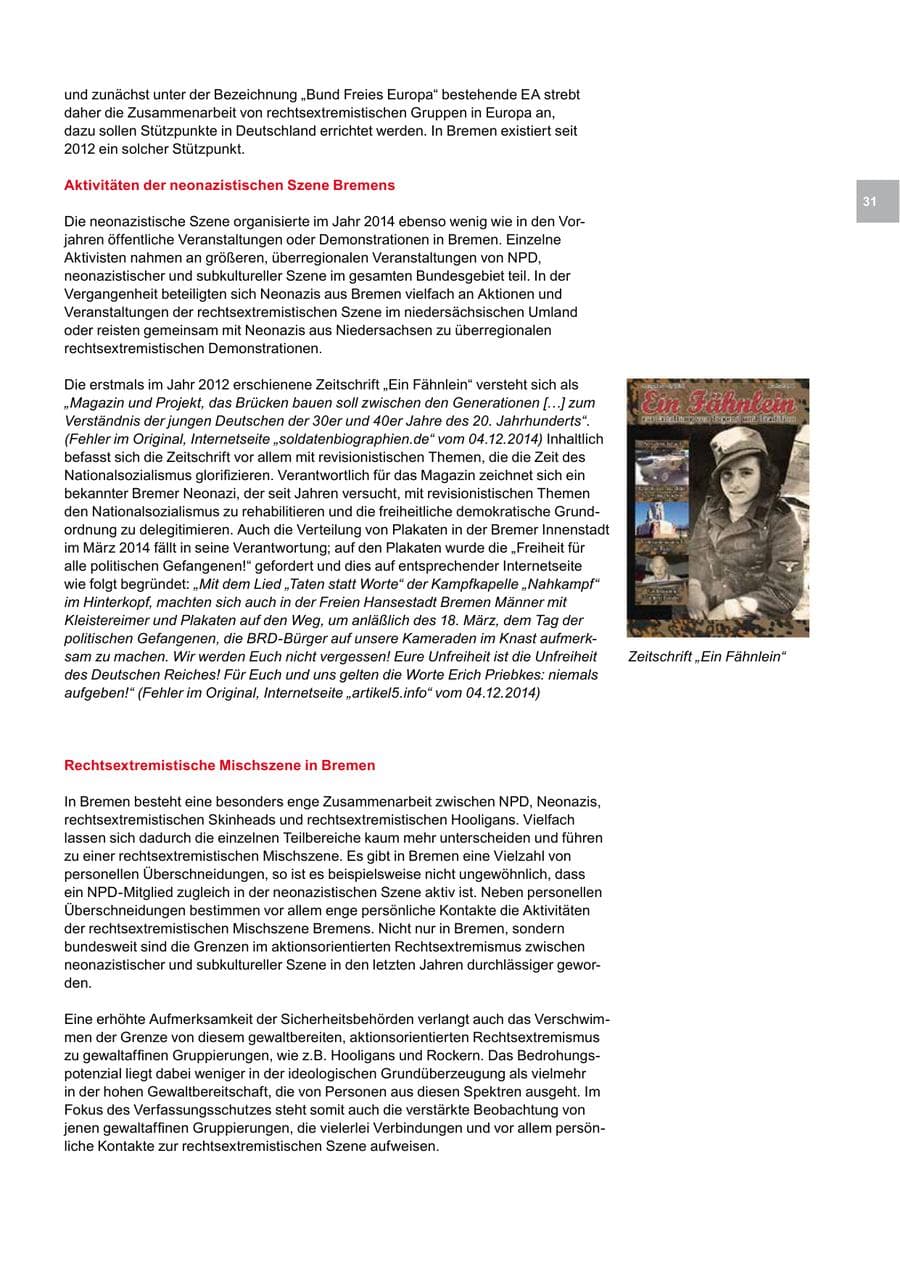 Seite 31 des Verfassungsschutzbericht 2014 Bremen