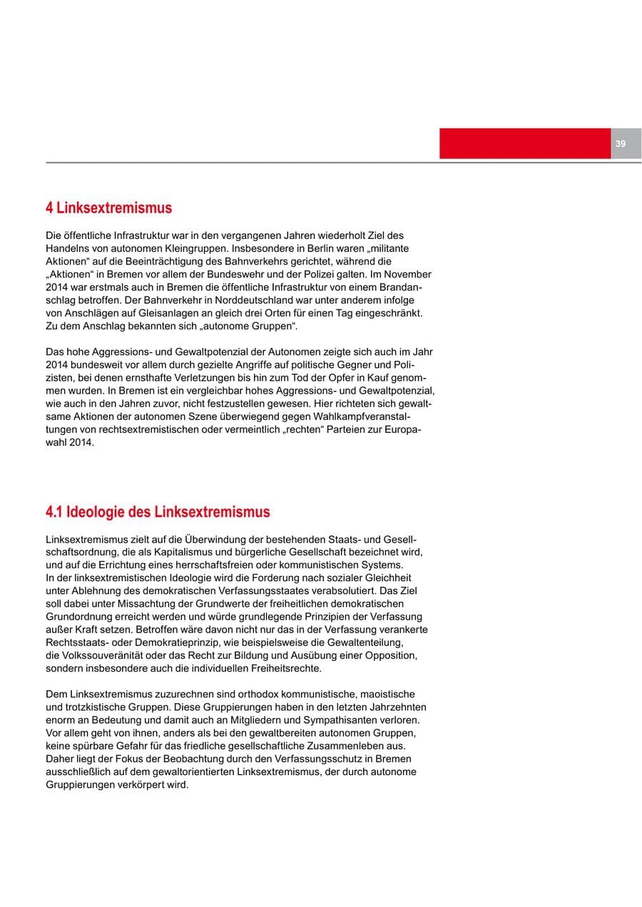 Seite 39 des Verfassungsschutzbericht 2014 Bremen