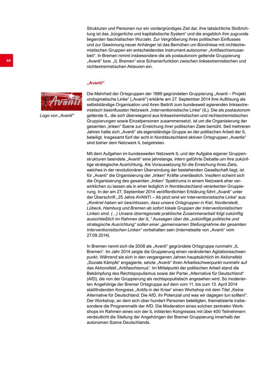 Seite 44 des Verfassungsschutzbericht 2014 Bremen