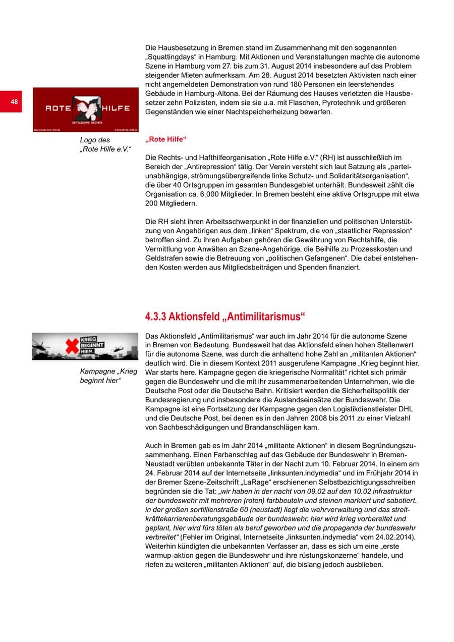 Seite 48 des Verfassungsschutzbericht 2014 Bremen