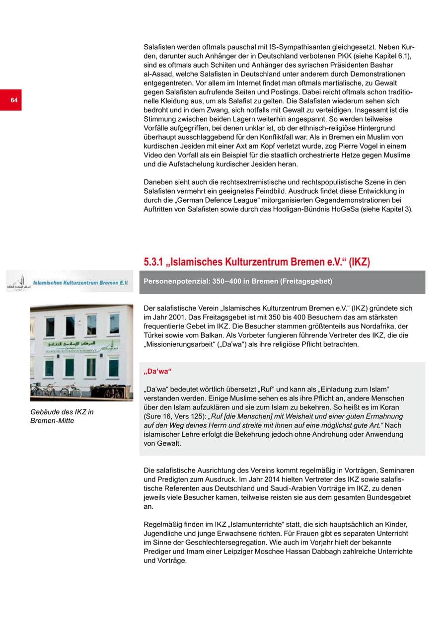 Seite 64 des Verfassungsschutzbericht 2014 Bremen