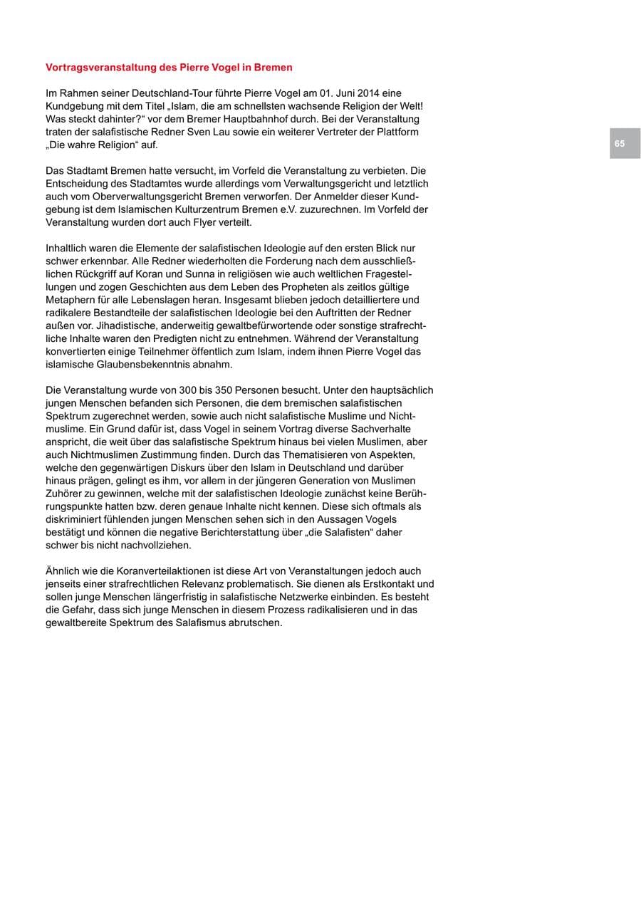 Seite 65 des Verfassungsschutzbericht 2014 Bremen