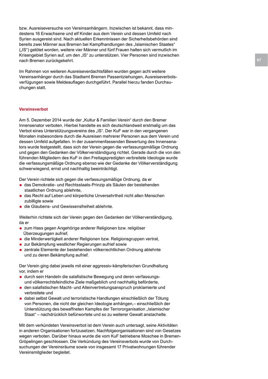 Seite 67 des Verfassungsschutzbericht 2014 Bremen