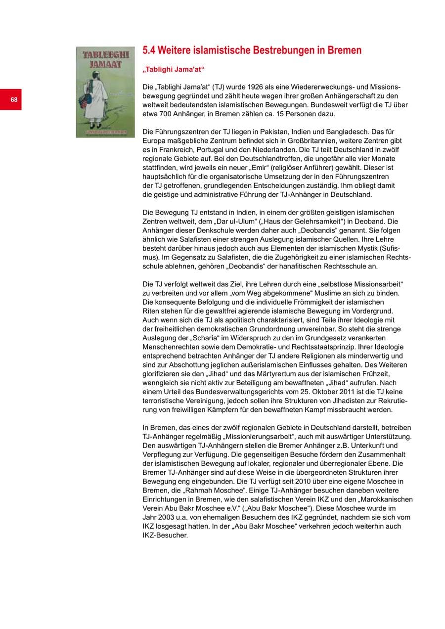 Seite 68 des Verfassungsschutzbericht 2014 Bremen