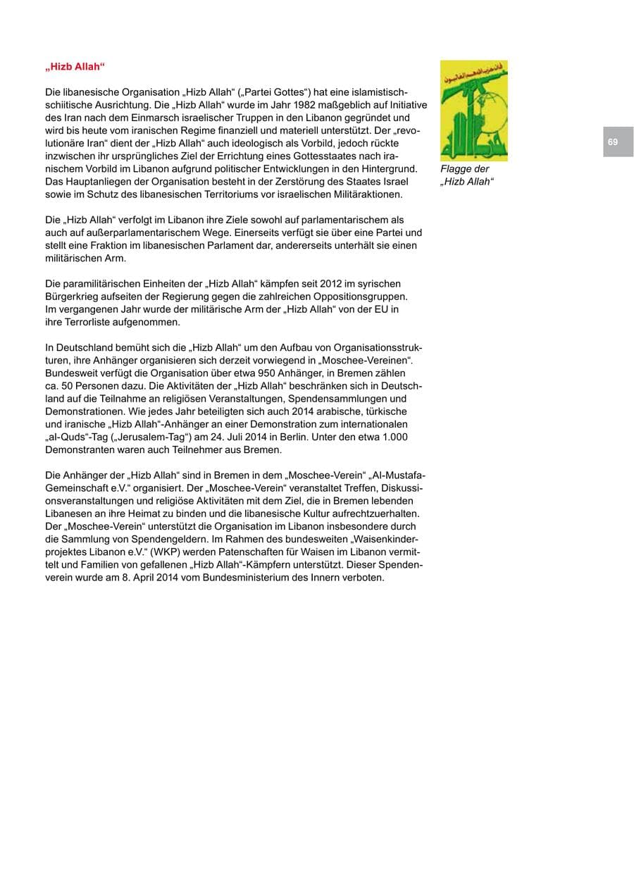 Seite 69 des Verfassungsschutzbericht 2014 Bremen