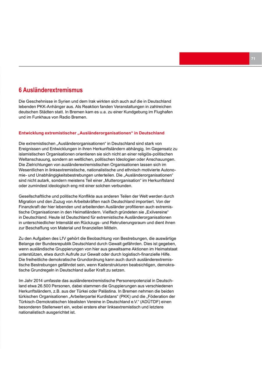 Seite 71 des Verfassungsschutzbericht 2014 Bremen