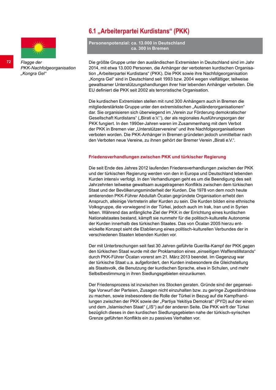 Seite 72 des Verfassungsschutzbericht 2014 Bremen