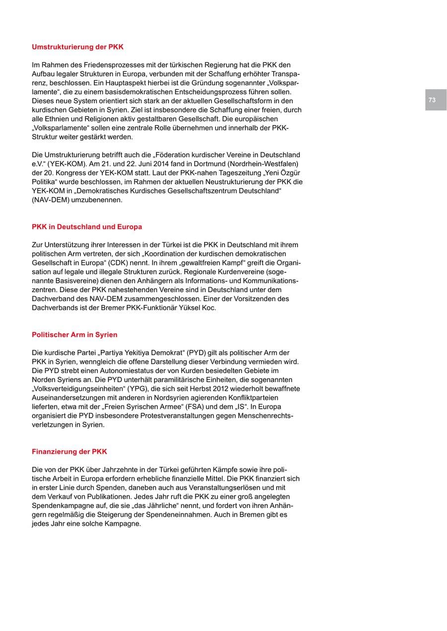 Seite 73 des Verfassungsschutzbericht 2014 Bremen
