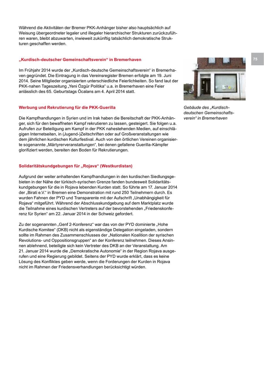 Seite 75 des Verfassungsschutzbericht 2014 Bremen