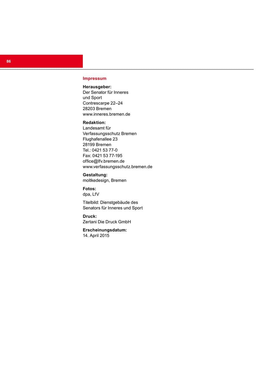 Seite 86 des Verfassungsschutzbericht 2014 Bremen