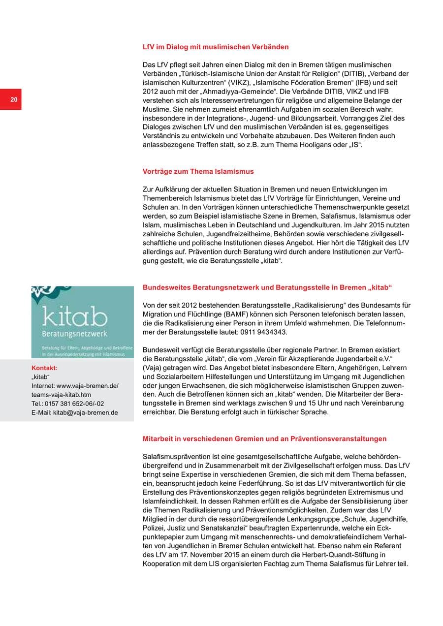 Seite 20 des Verfassungsschutzbericht 2015 Bremen