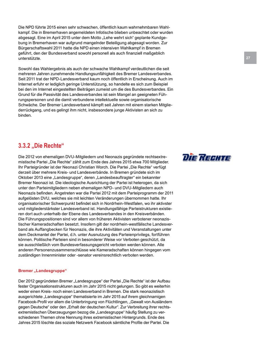 Seite 27 des Verfassungsschutzbericht 2015 Bremen