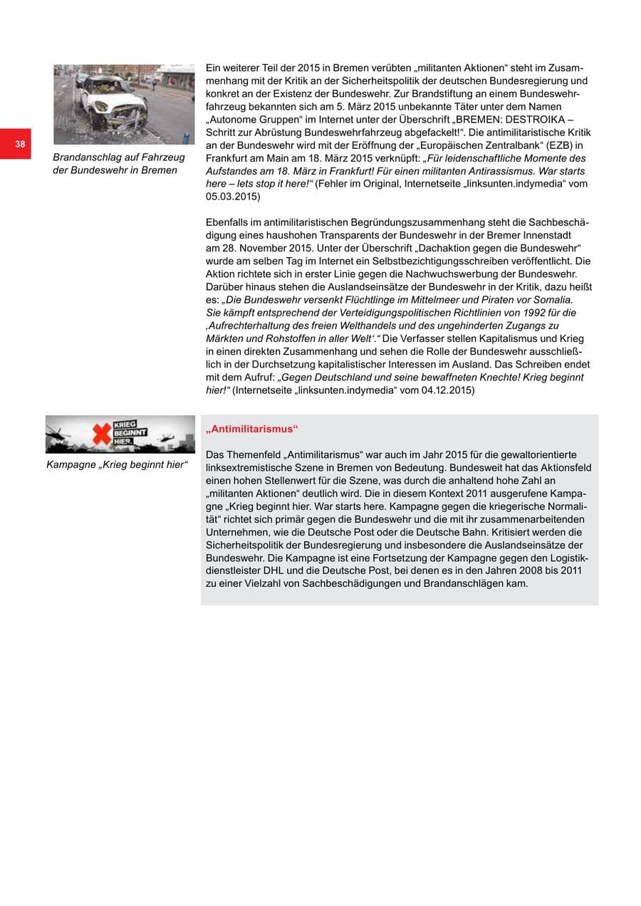 Seite 38 des Verfassungsschutzbericht 2015 Bremen
