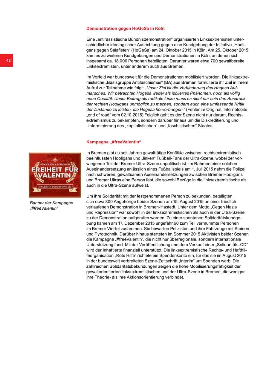 Seite 42 des Verfassungsschutzbericht 2015 Bremen