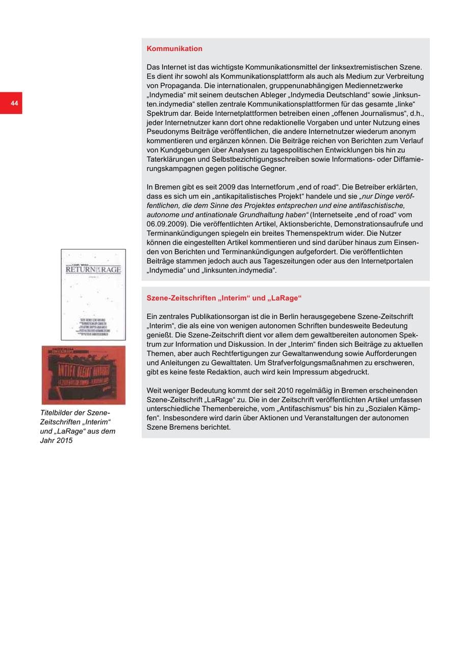 Seite 44 des Verfassungsschutzbericht 2015 Bremen