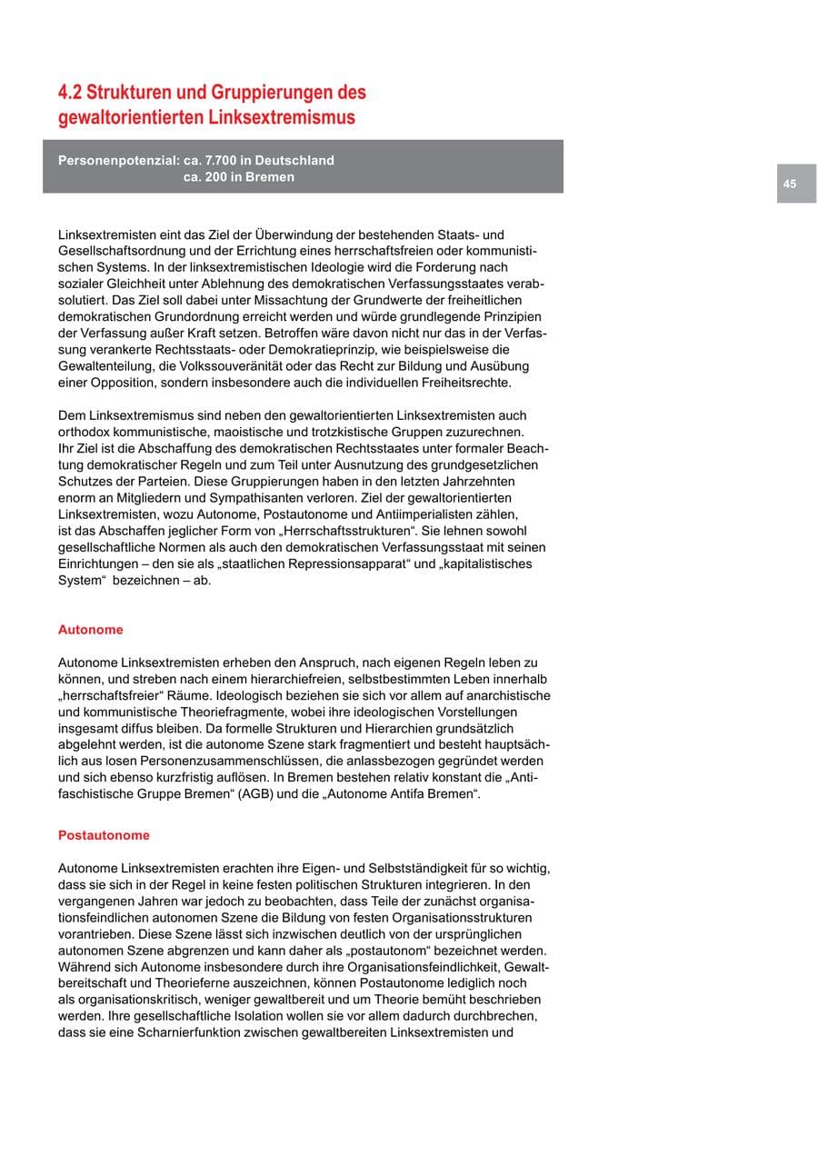 Seite 45 des Verfassungsschutzbericht 2015 Bremen