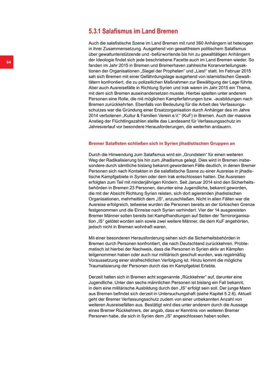 Seite 64 des Verfassungsschutzbericht 2015 Bremen