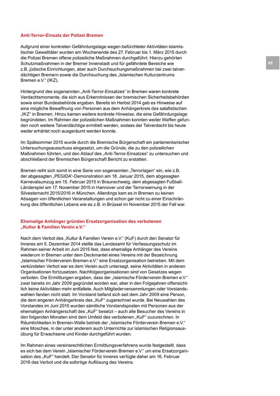 Seite 65 des Verfassungsschutzbericht 2015 Bremen