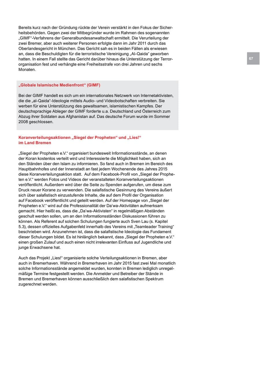 Seite 67 des Verfassungsschutzbericht 2015 Bremen