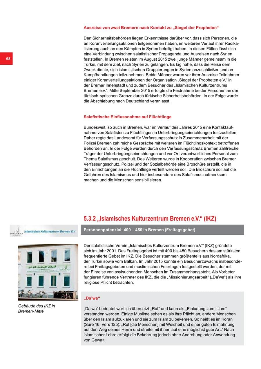 Seite 68 des Verfassungsschutzbericht 2015 Bremen