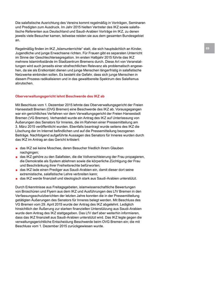 Seite 69 des Verfassungsschutzbericht 2015 Bremen
