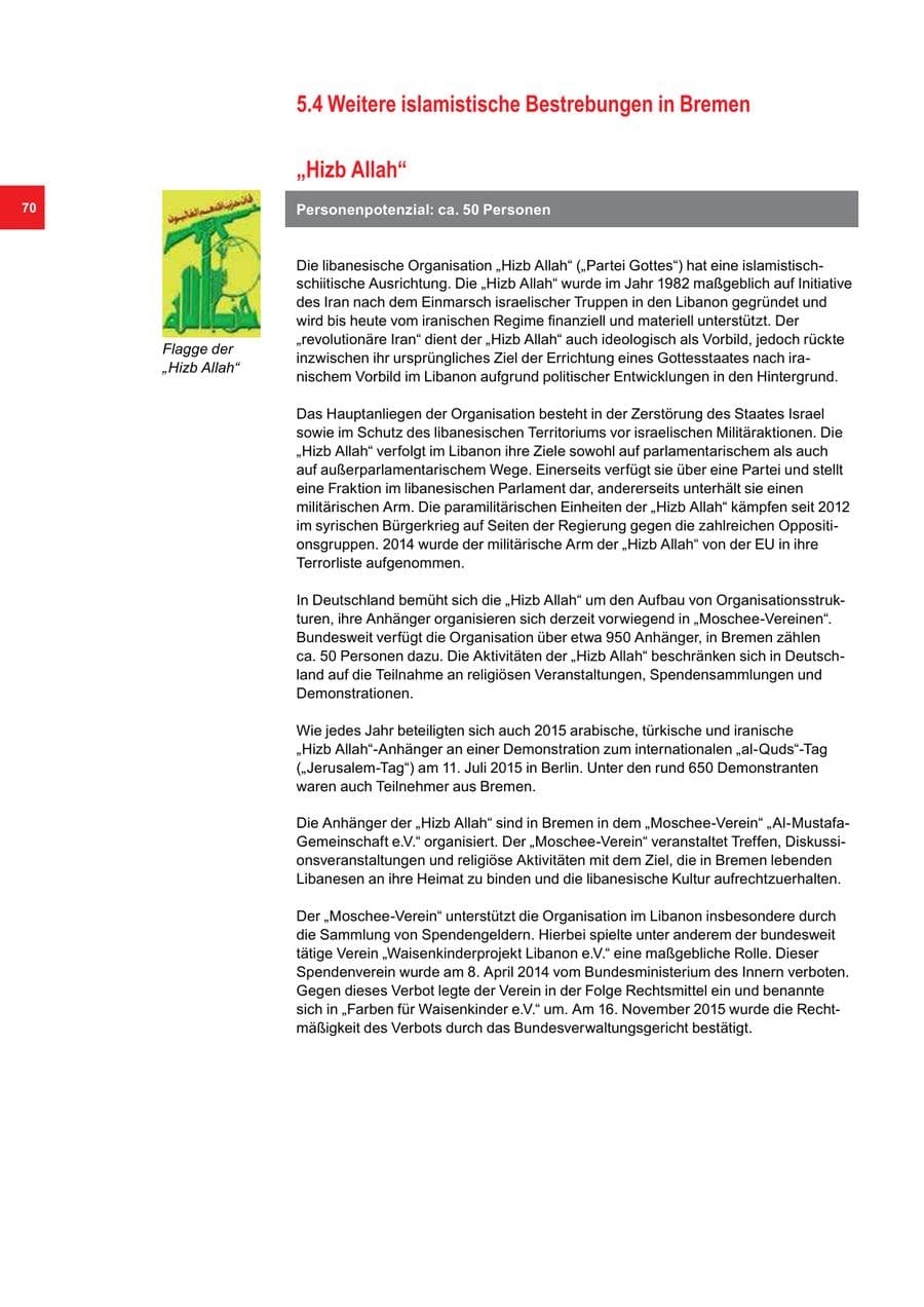 Seite 70 des Verfassungsschutzbericht 2015 Bremen