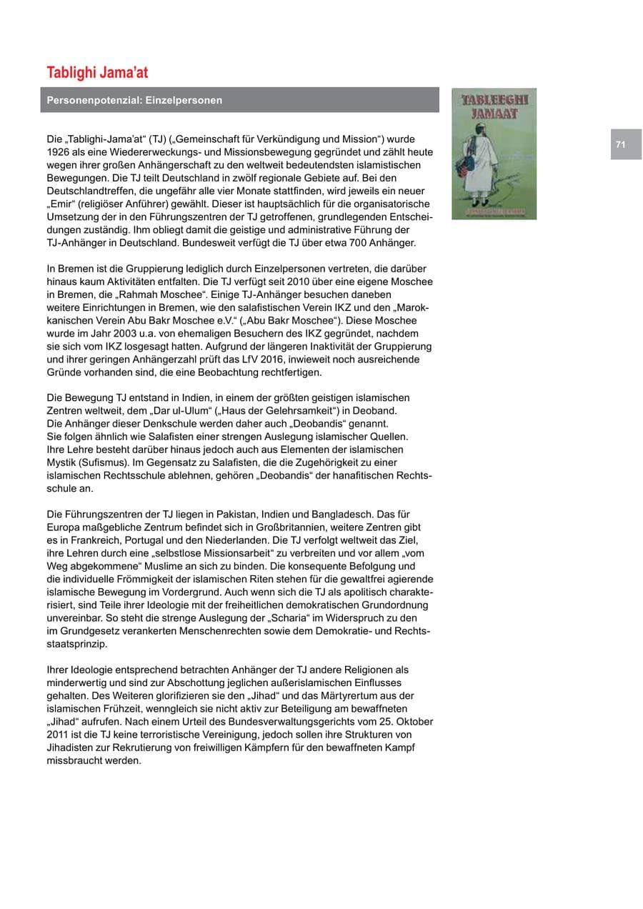 Seite 71 des Verfassungsschutzbericht 2015 Bremen