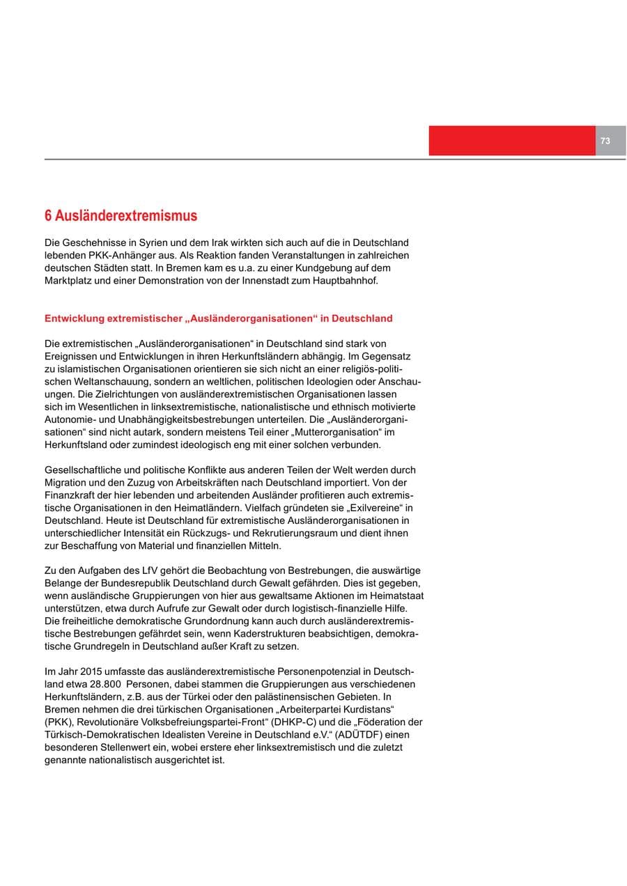 Seite 73 des Verfassungsschutzbericht 2015 Bremen