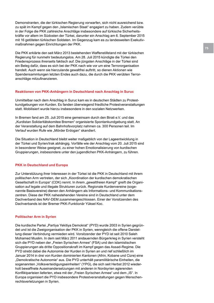 Seite 75 des Verfassungsschutzbericht 2015 Bremen