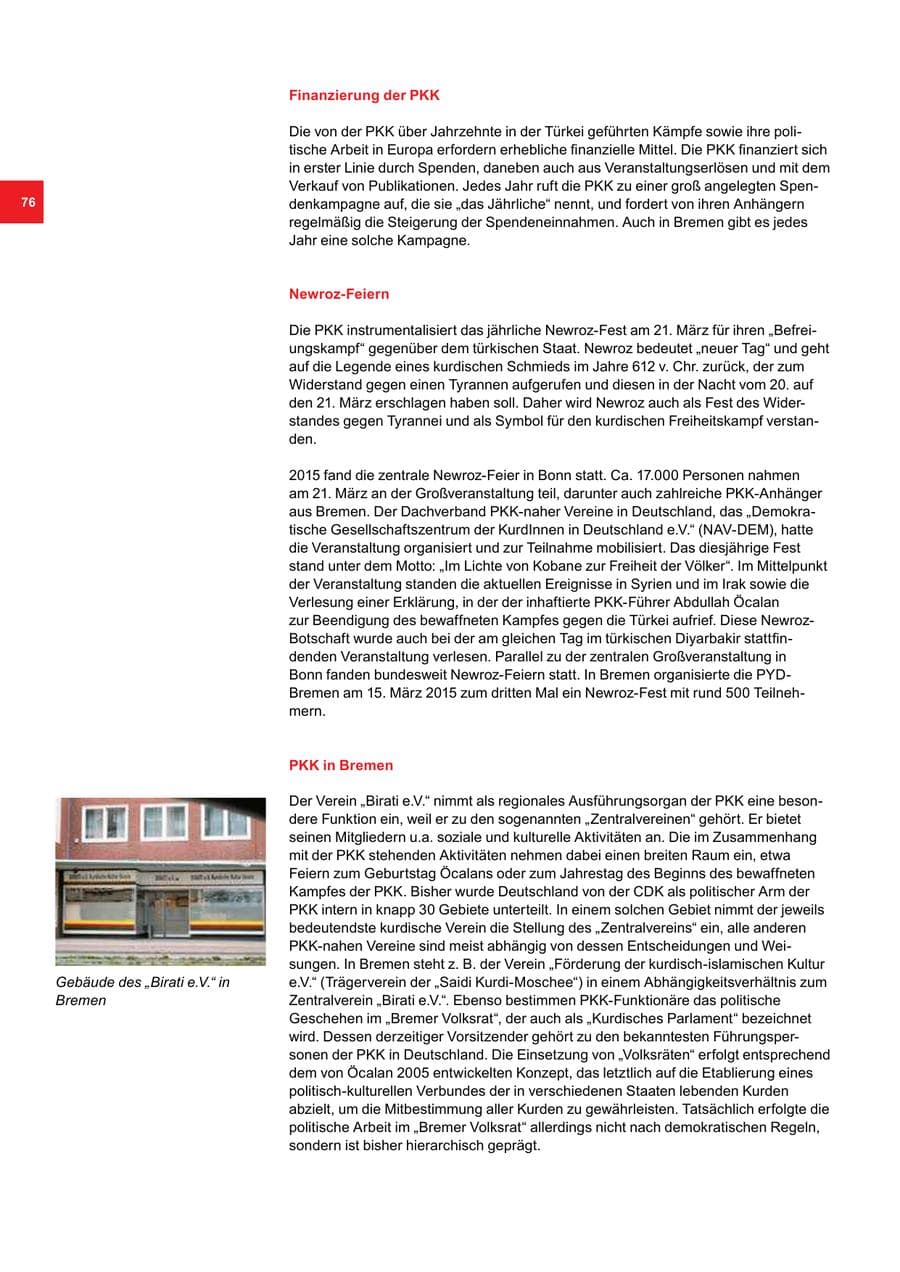 Seite 76 des Verfassungsschutzbericht 2015 Bremen