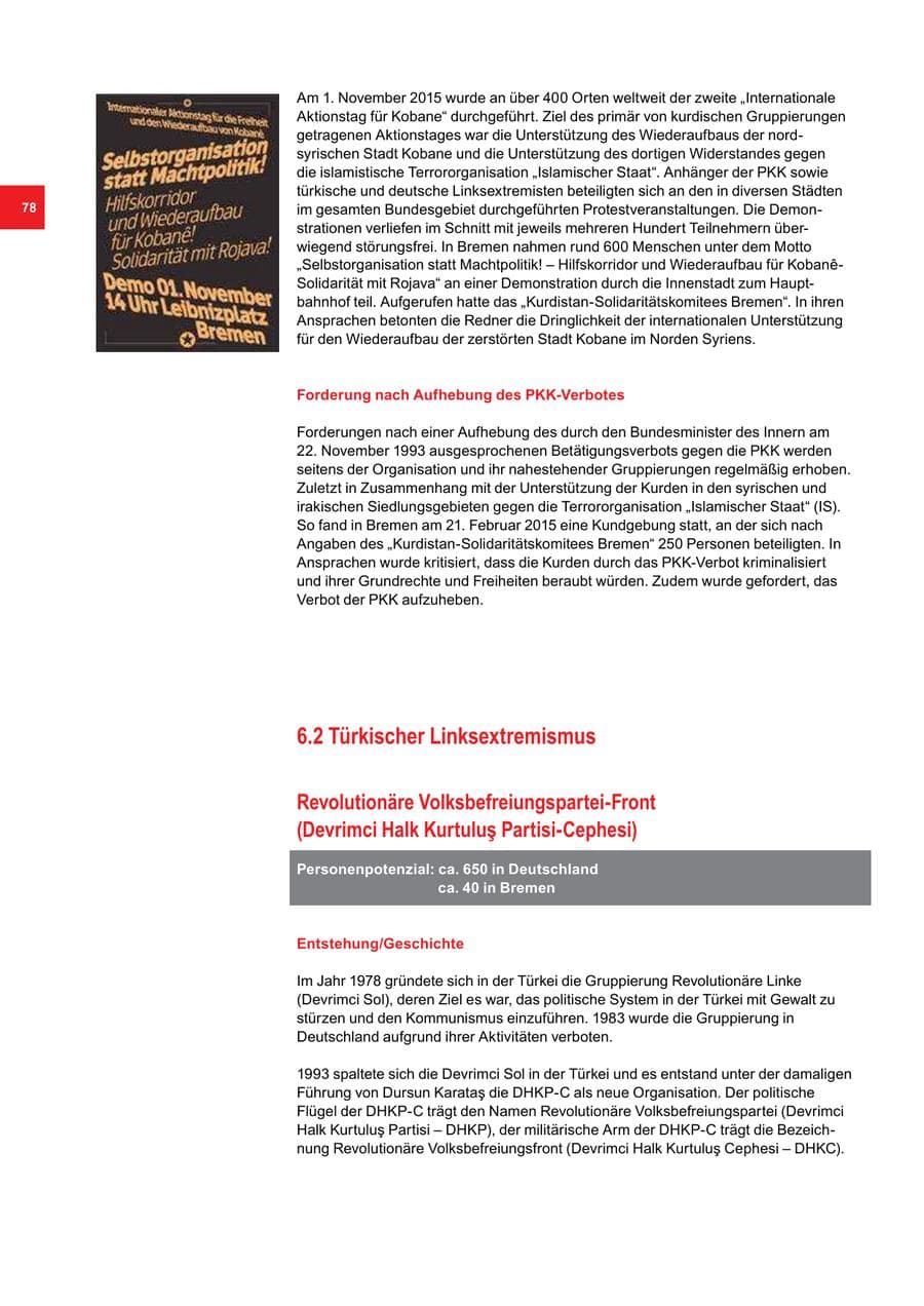 Seite 78 des Verfassungsschutzbericht 2015 Bremen