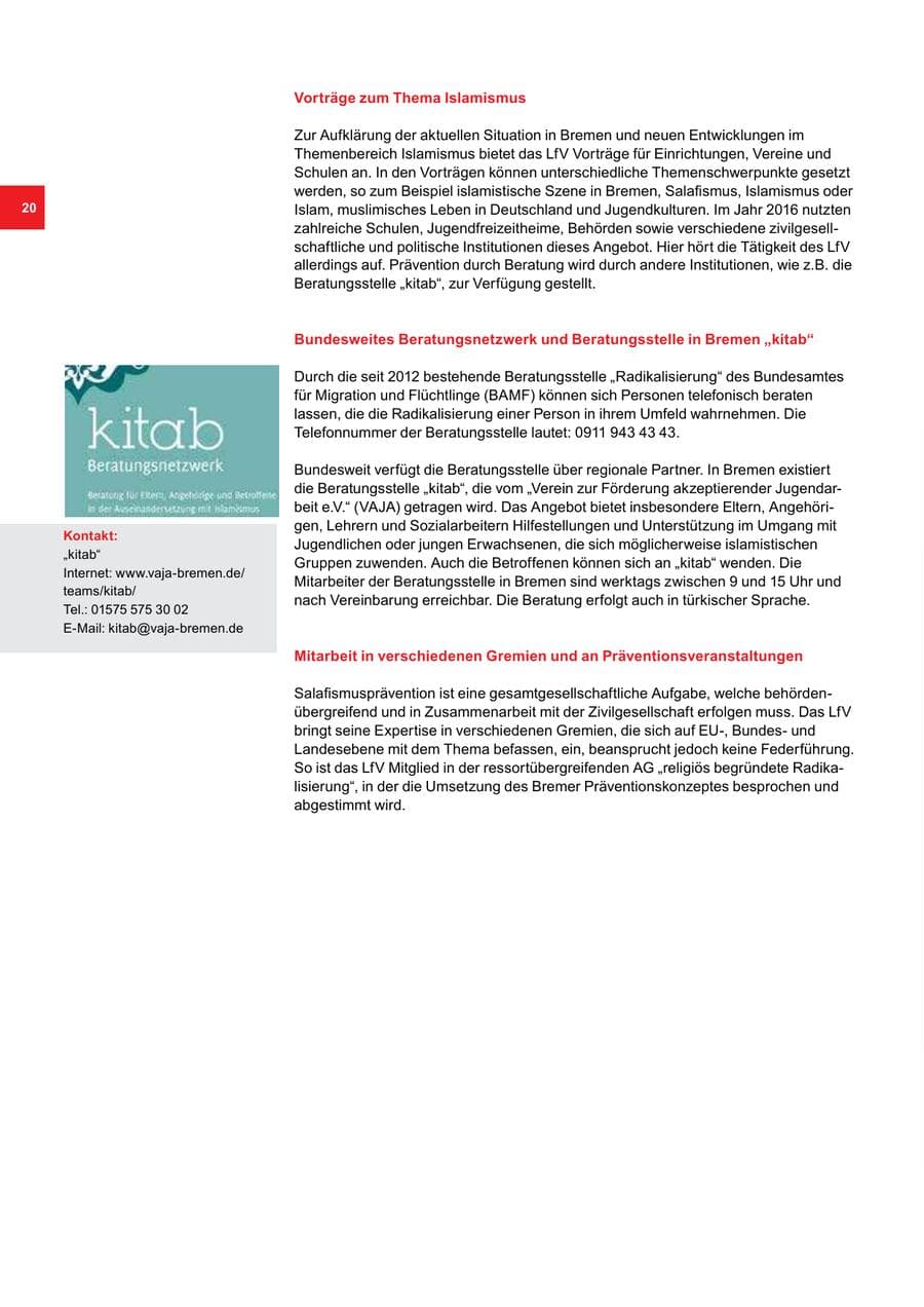 Seite 20 des Verfassungsschutzbericht 2016 Bremen