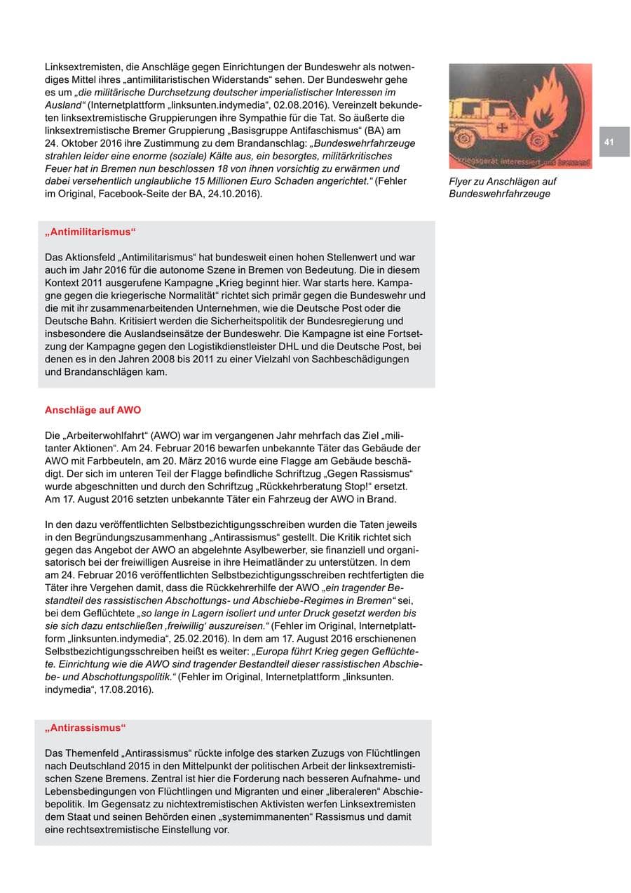 Seite 41 des Verfassungsschutzbericht 2016 Bremen