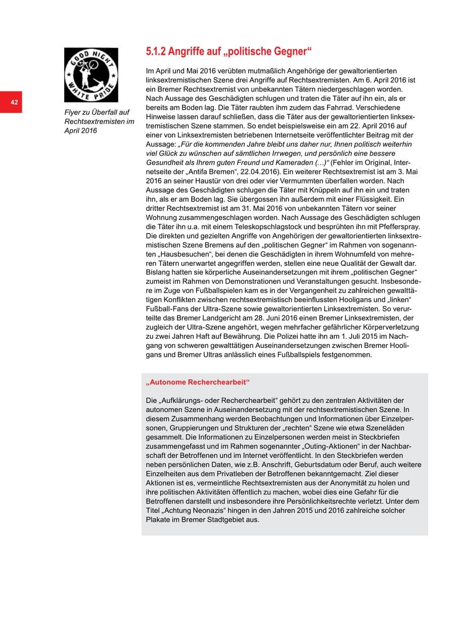 Seite 42 des Verfassungsschutzbericht 2016 Bremen