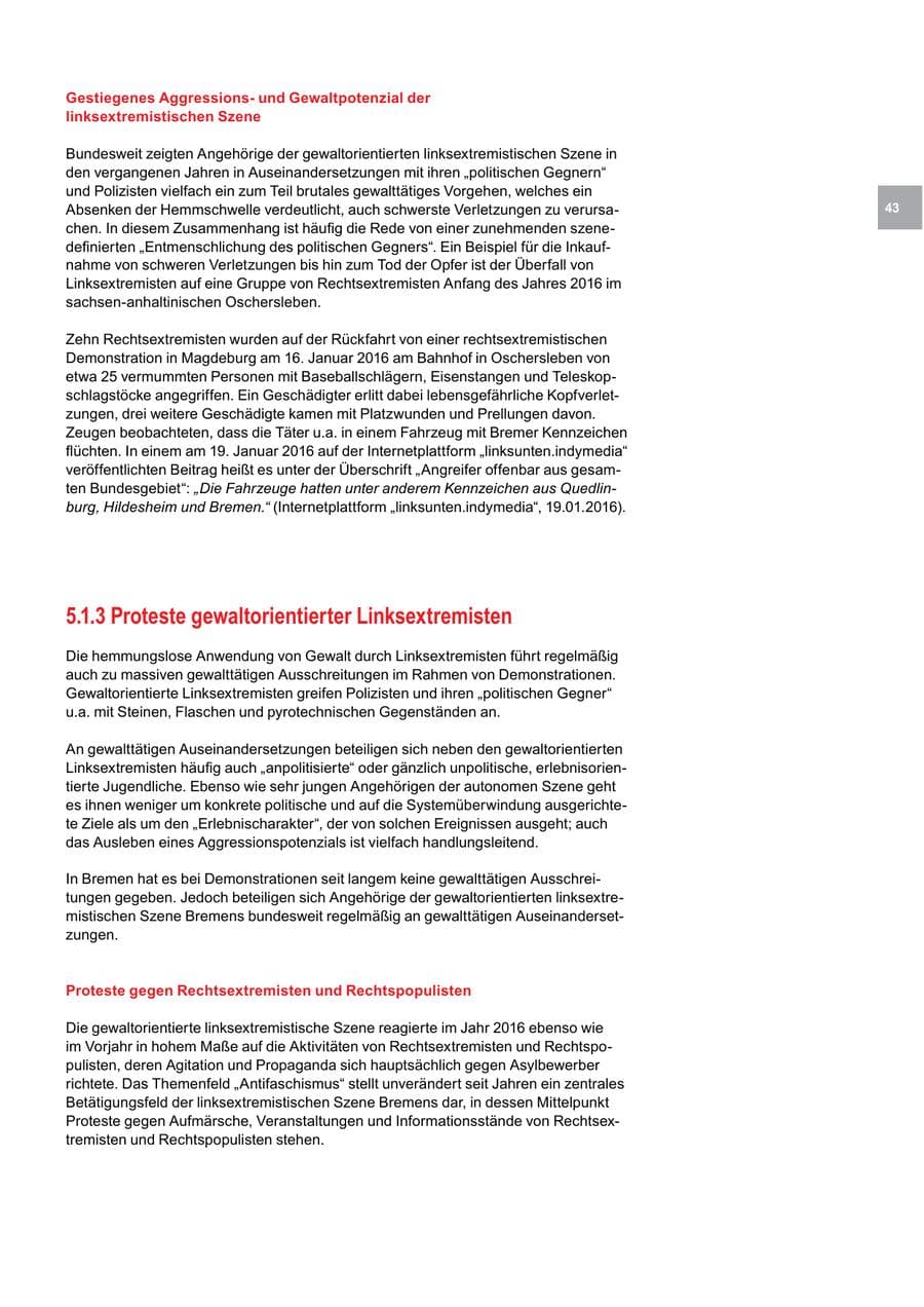 Seite 43 des Verfassungsschutzbericht 2016 Bremen