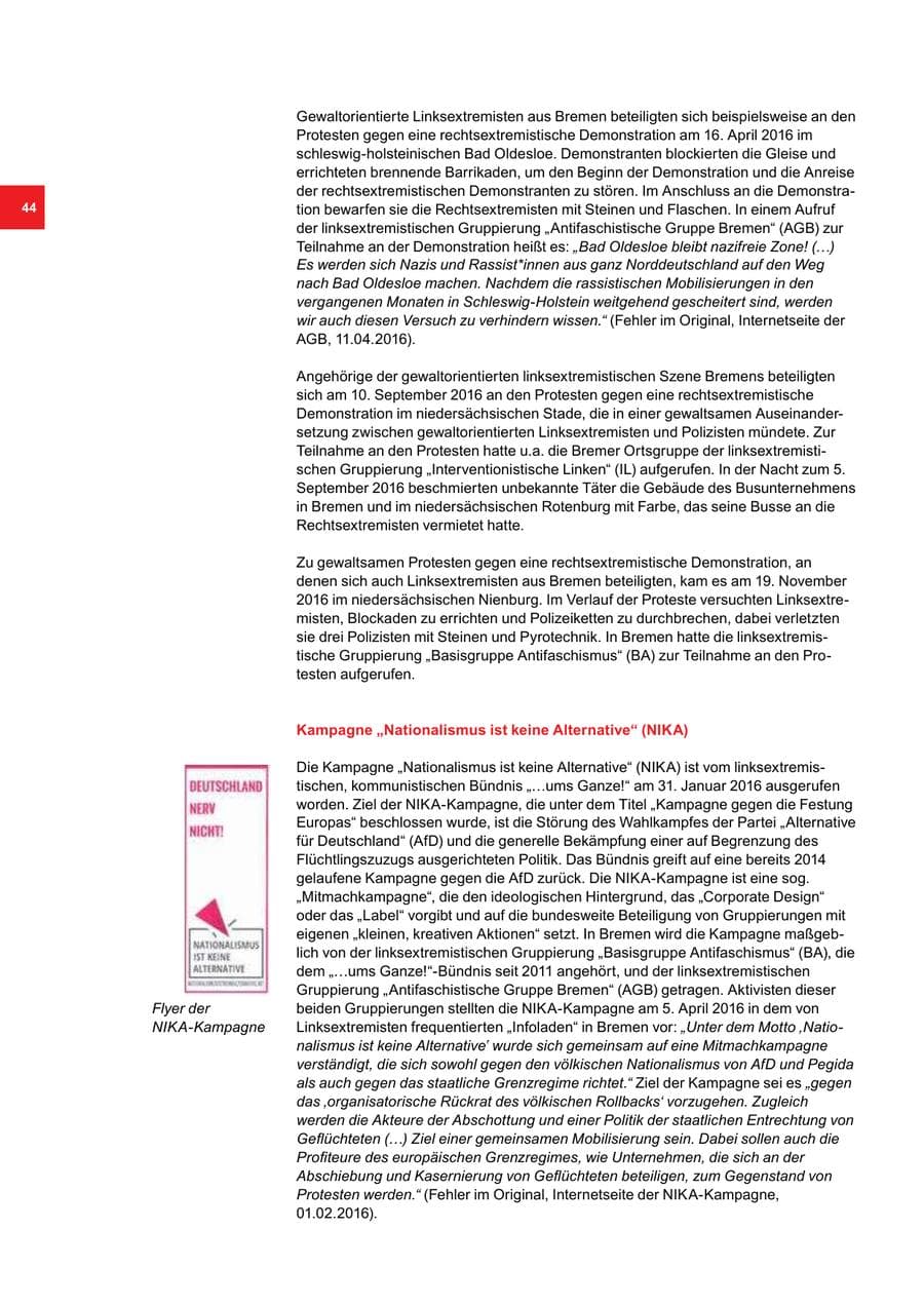 Seite 44 des Verfassungsschutzbericht 2016 Bremen