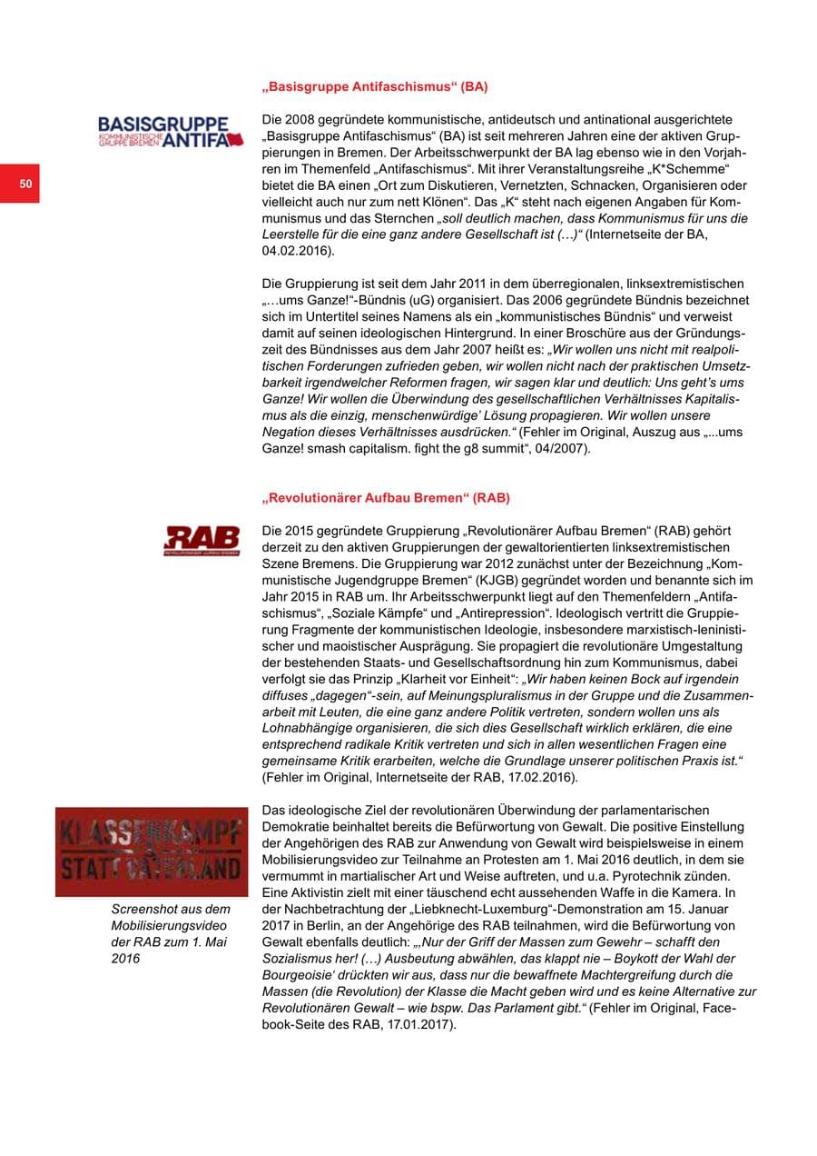 Seite 50 des Verfassungsschutzbericht 2016 Bremen