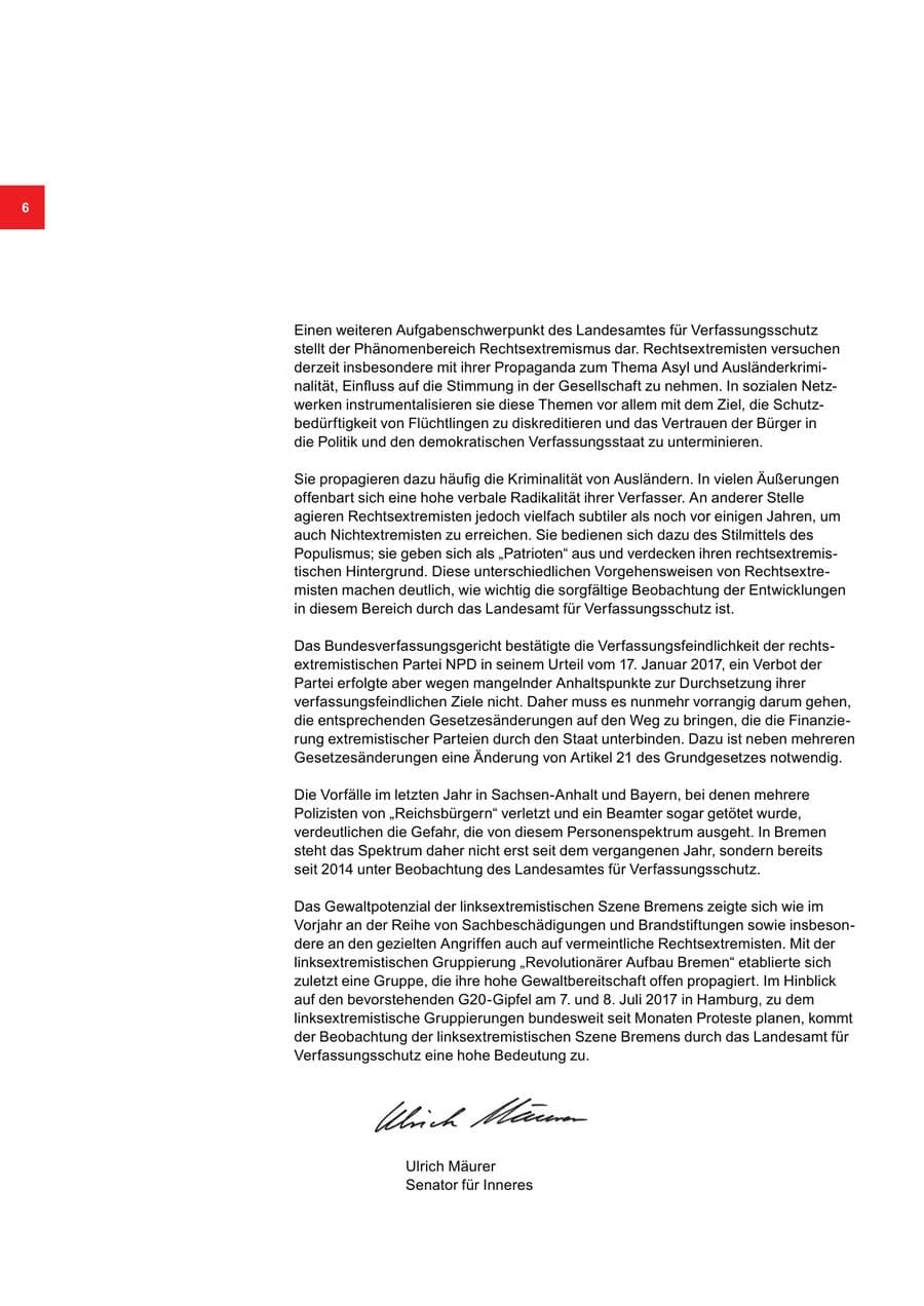 Seite 6 des Verfassungsschutzbericht 2016 Bremen