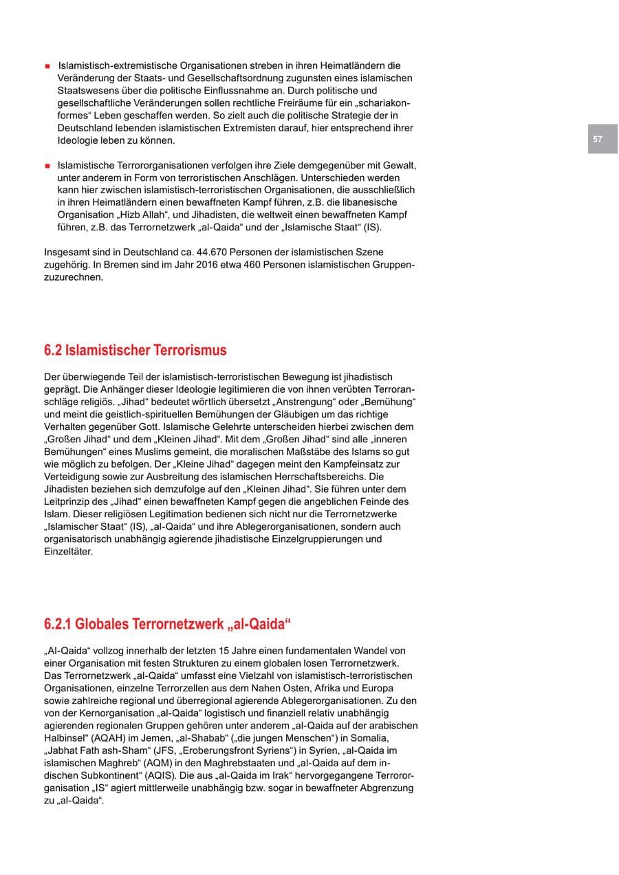 Seite 57 des Verfassungsschutzbericht 2016 Bremen