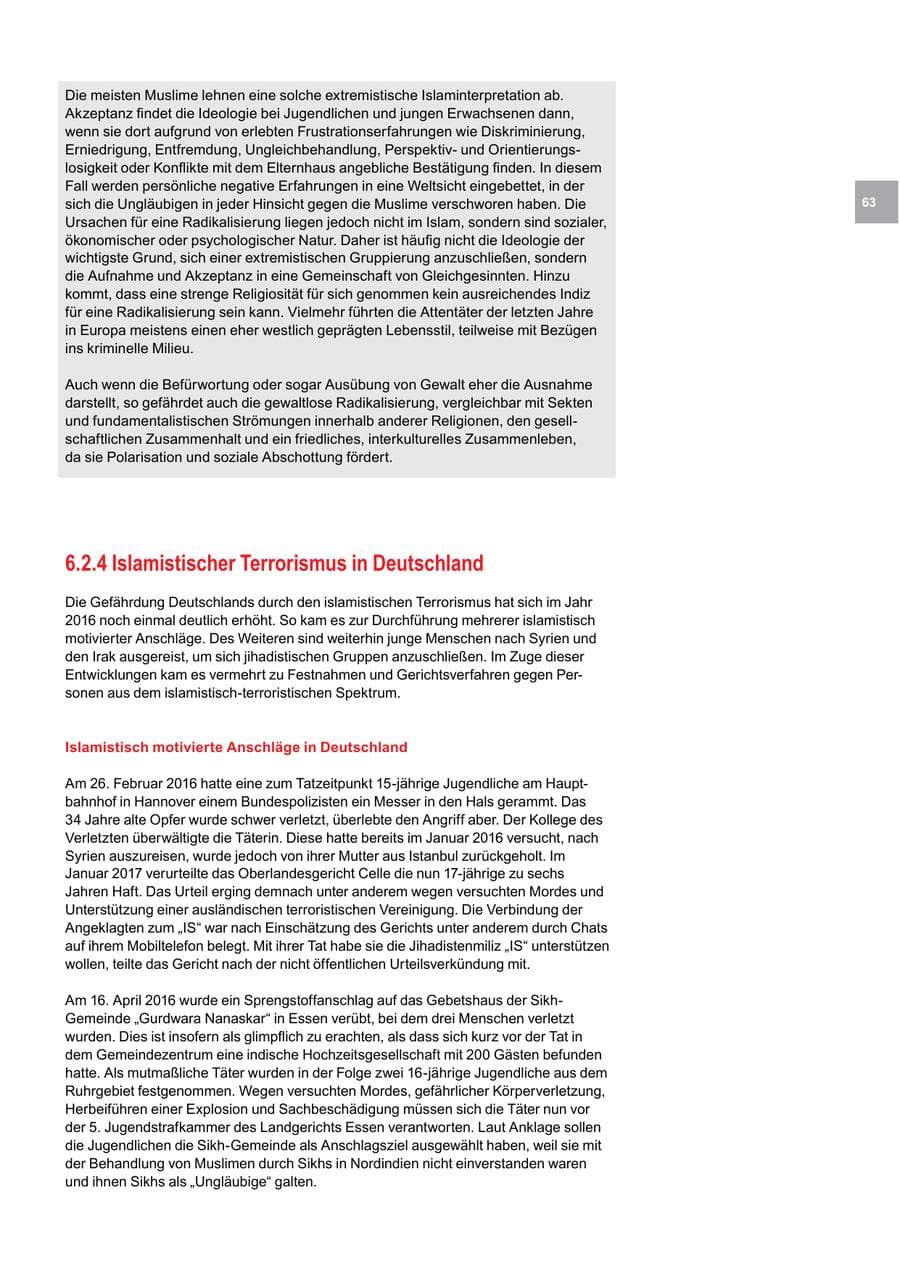 Seite 63 des Verfassungsschutzbericht 2016 Bremen