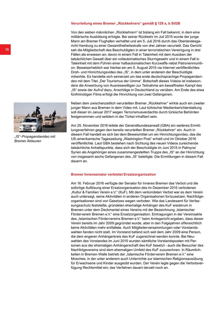 Seite 70 des Verfassungsschutzbericht 2016 Bremen