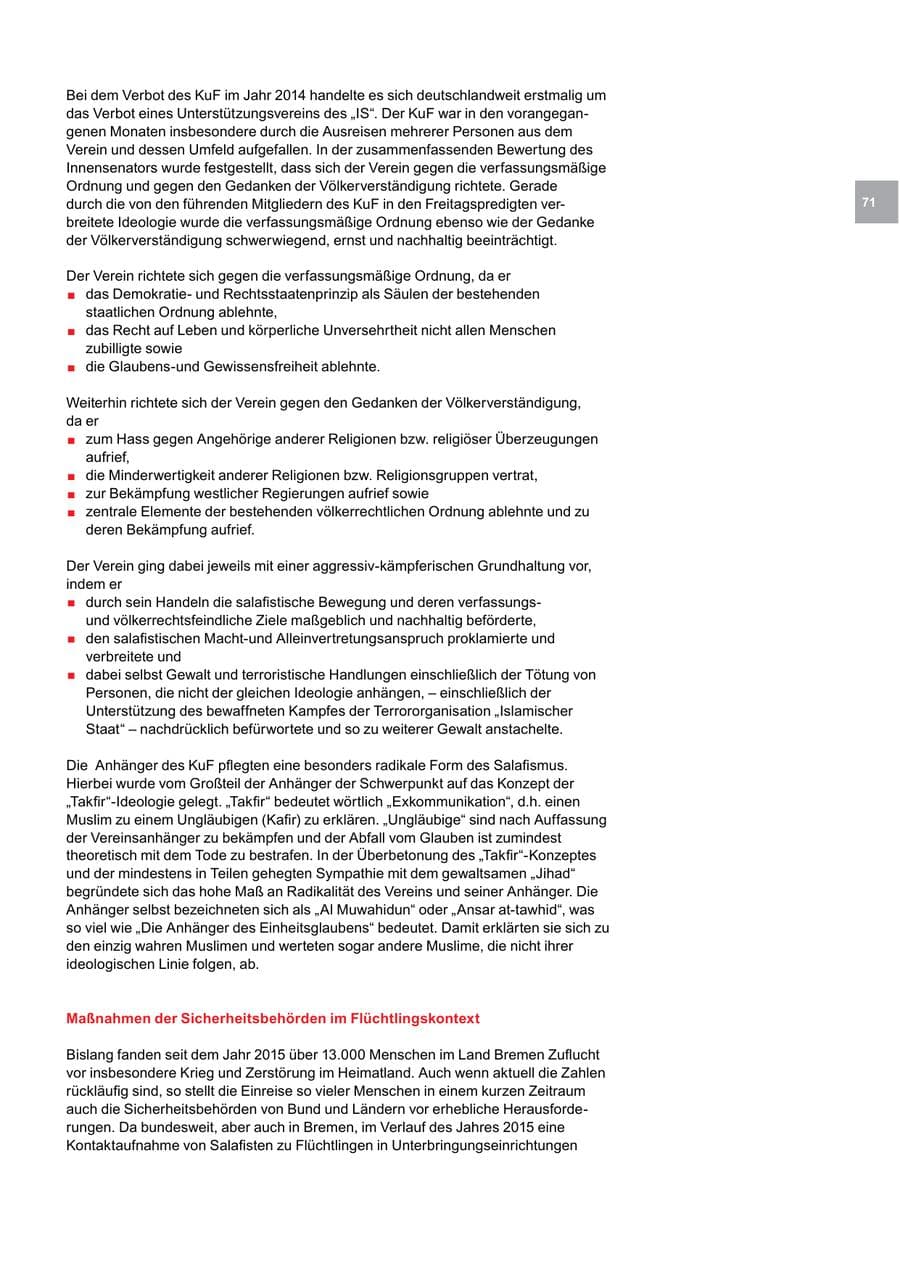 Seite 71 des Verfassungsschutzbericht 2016 Bremen