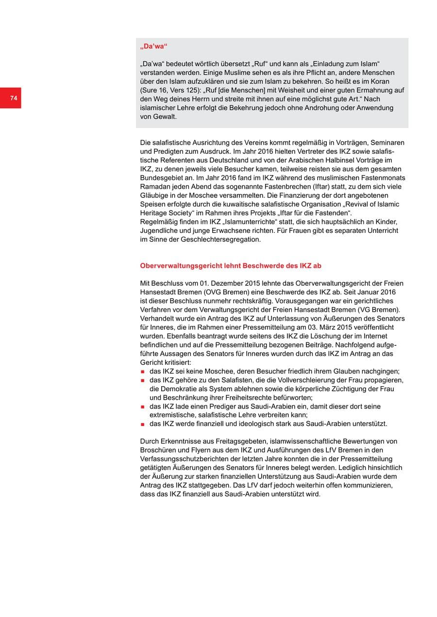 Seite 74 des Verfassungsschutzbericht 2016 Bremen