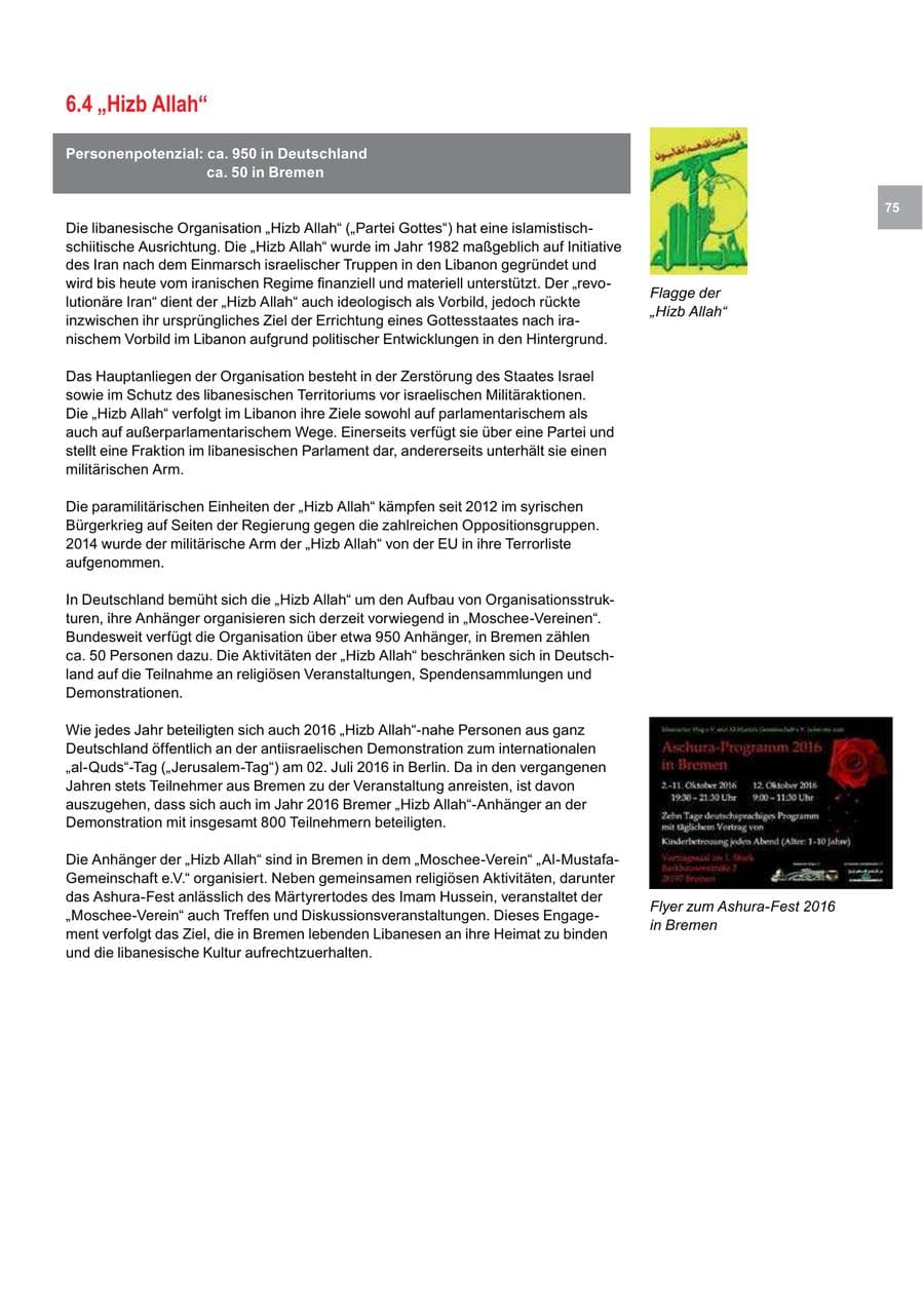 Seite 75 des Verfassungsschutzbericht 2016 Bremen