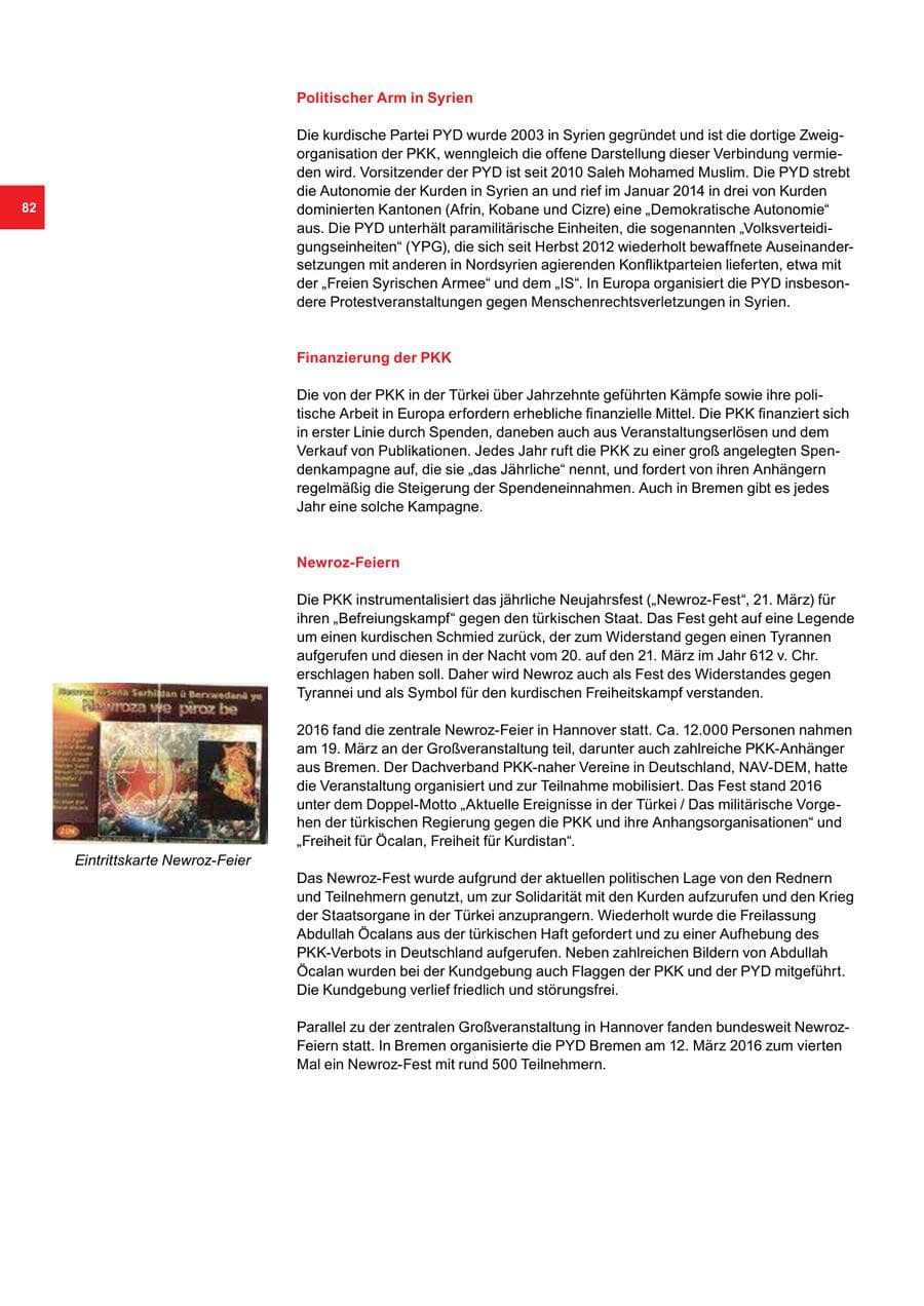 Seite 82 des Verfassungsschutzbericht 2016 Bremen