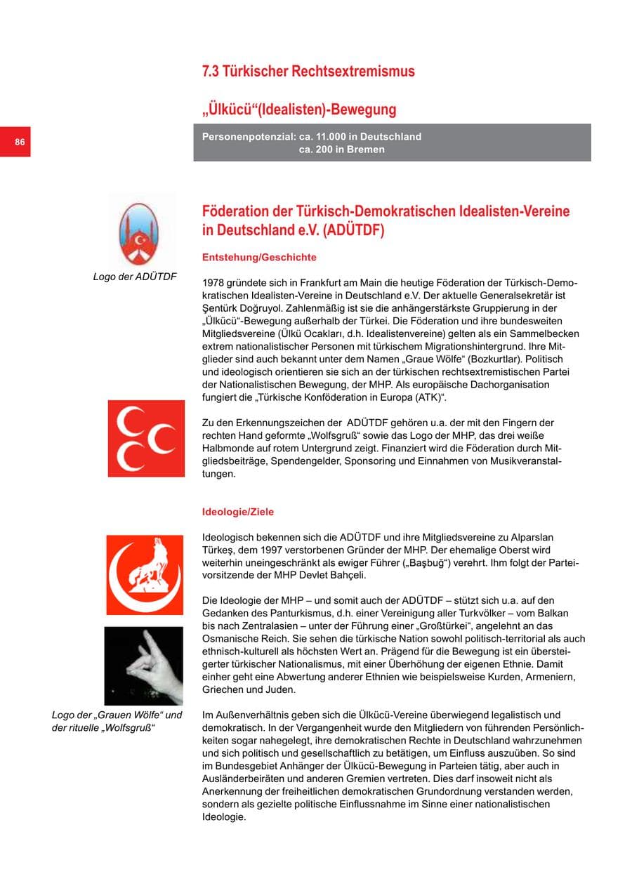 Seite 86 des Verfassungsschutzbericht 2016 Bremen