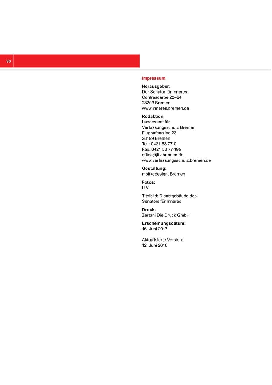 Seite 96 des Verfassungsschutzbericht 2016 Bremen